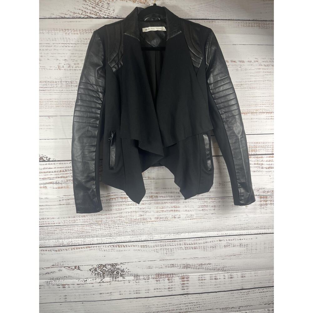Blanc Noir Jacket Womens Small Black Faux Leather Moto Drape Open Front Quilted - Picture 9 of 12